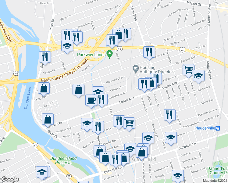map of restaurants, bars, coffee shops, grocery stores, and more near 12 Center Court in Garfield