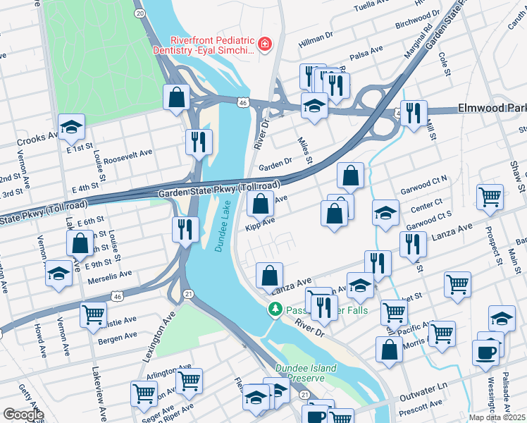 map of restaurants, bars, coffee shops, grocery stores, and more near 33 Kipp Avenue in Elmwood Park