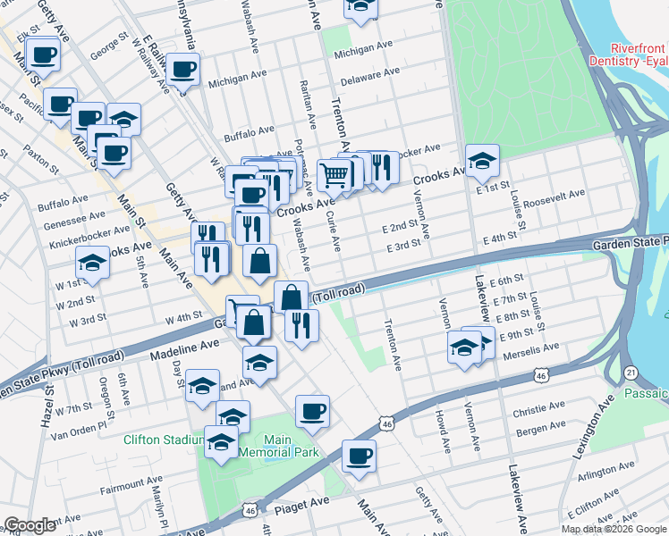 map of restaurants, bars, coffee shops, grocery stores, and more near 165 East 3rd Street in Clifton