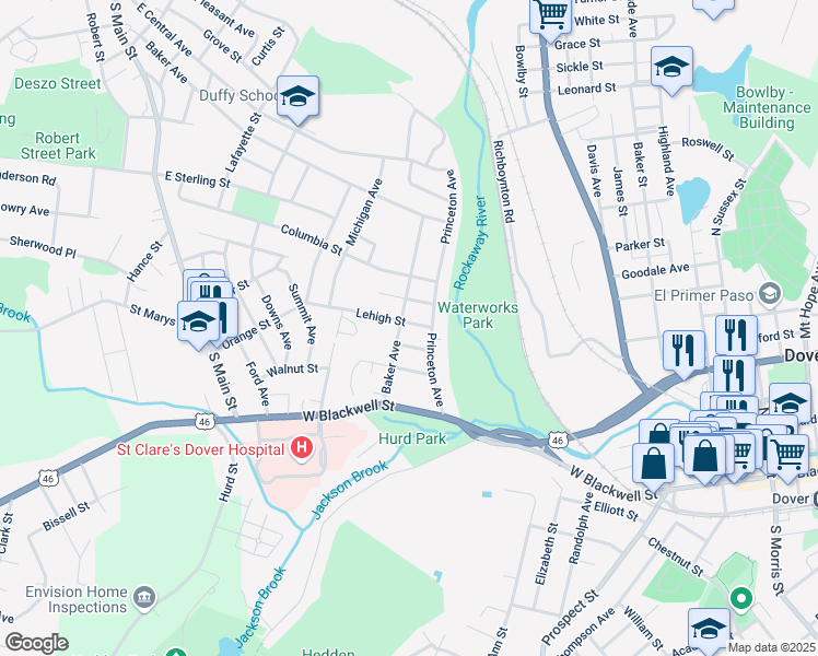 map of restaurants, bars, coffee shops, grocery stores, and more near 57 Princeton Avenue in Dover