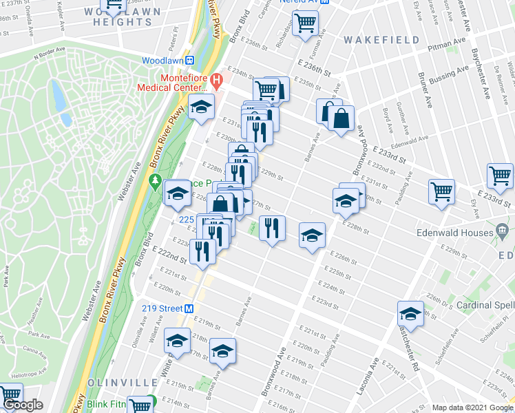 map of restaurants, bars, coffee shops, grocery stores, and more near 734 East 227th Street in Bronx