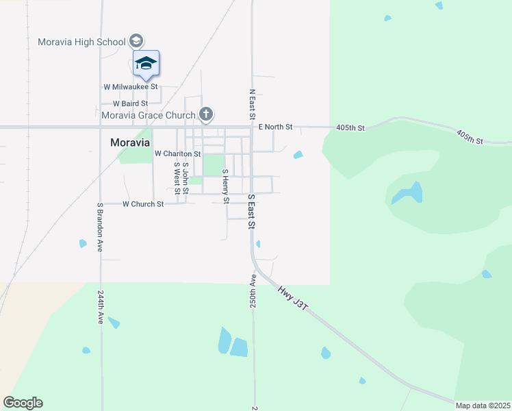 map of restaurants, bars, coffee shops, grocery stores, and more near 401 South East Street in Moravia