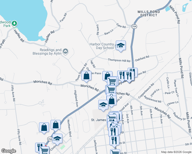 map of restaurants, bars, coffee shops, grocery stores, and more near 512 Moriches Road in Saint James