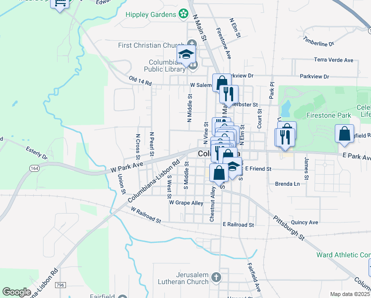 map of restaurants, bars, coffee shops, grocery stores, and more near 208 West Park Avenue in Columbiana