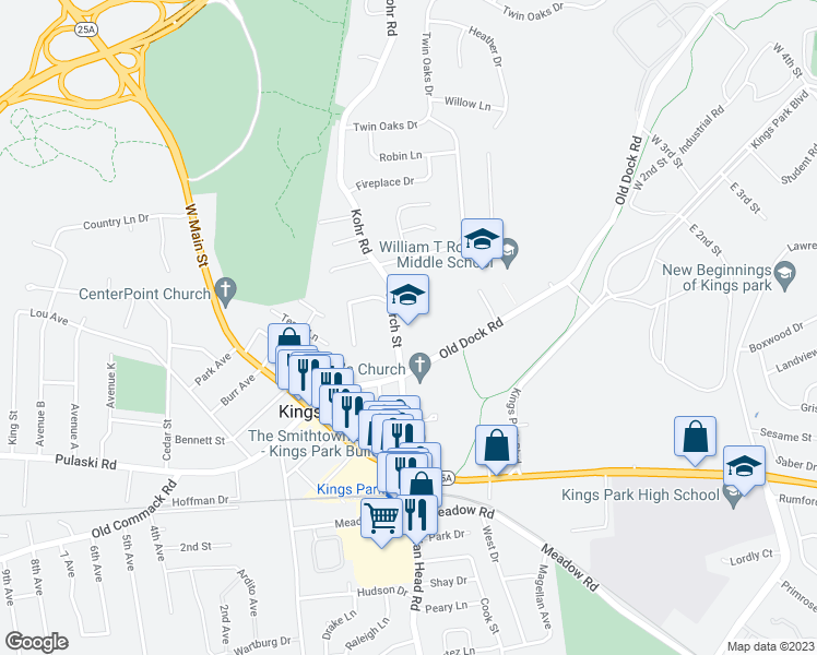 map of restaurants, bars, coffee shops, grocery stores, and more near 185 Church Street in Kings Park
