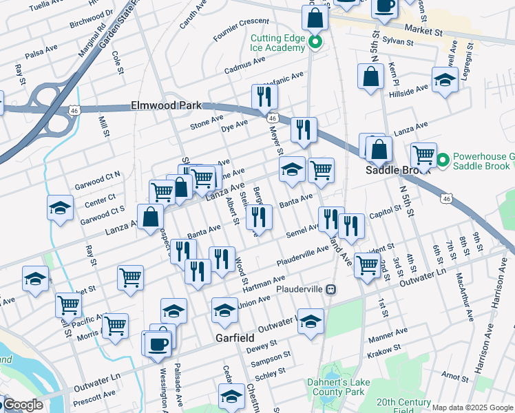 map of restaurants, bars, coffee shops, grocery stores, and more near 389 Banta Avenue in Garfield