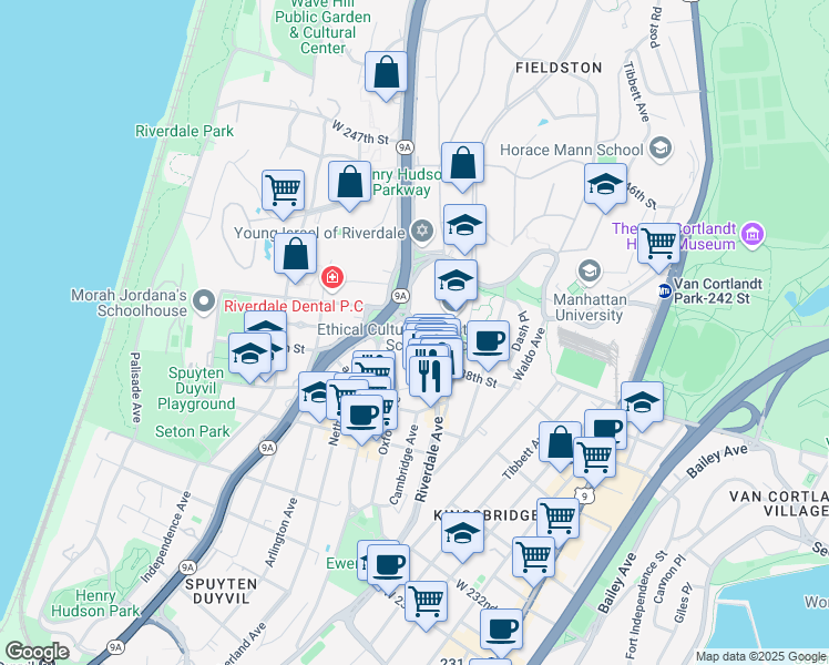 map of restaurants, bars, coffee shops, grocery stores, and more near 5030 Riverdale Avenue in The Bronx