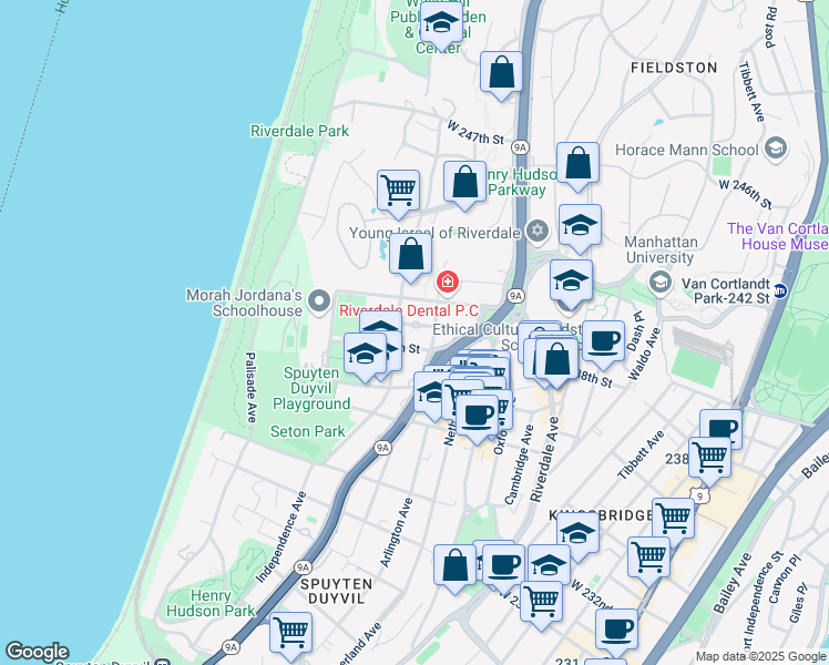 map of restaurants, bars, coffee shops, grocery stores, and more near 636 West 238th Street in Bronx