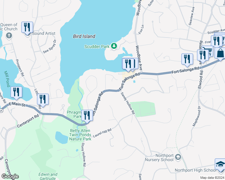 map of restaurants, bars, coffee shops, grocery stores, and more near 51 Fort Salonga Road in Northport