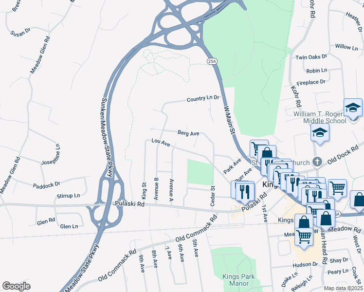 map of restaurants, bars, coffee shops, grocery stores, and more near 165 Lou Avenue in Kings Park