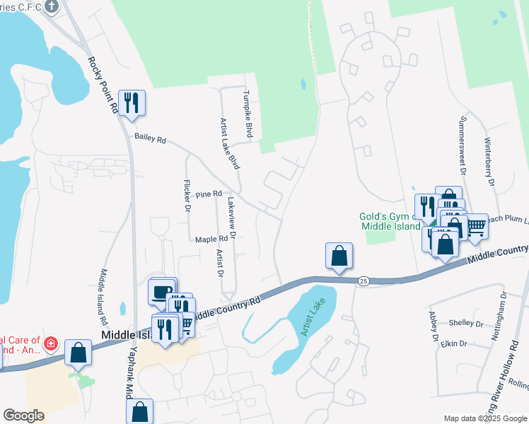 map of restaurants, bars, coffee shops, grocery stores, and more near Bailey Road & Bailey Court in Middle Island