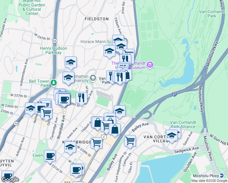 map of restaurants, bars, coffee shops, grocery stores, and more near 5935 Broadway in Bronx