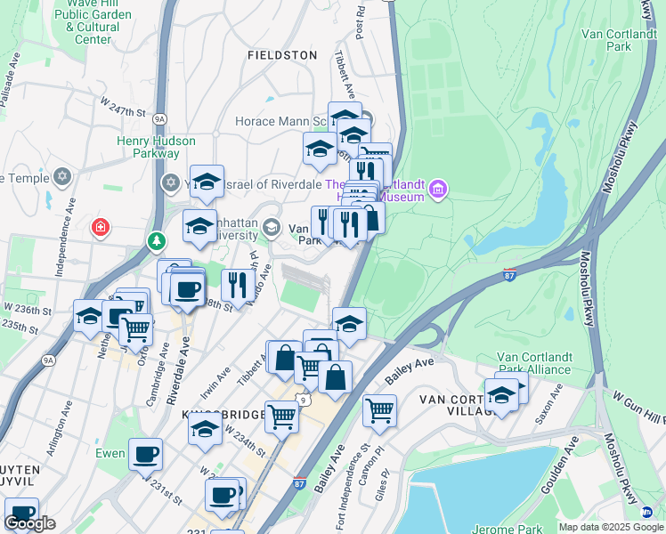 map of restaurants, bars, coffee shops, grocery stores, and more near 5935 Broadway in Bronx