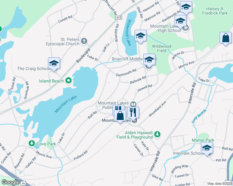 map of restaurants, bars, coffee shops, grocery stores, and more near 18 Hillcrest Road in Mountain Lakes