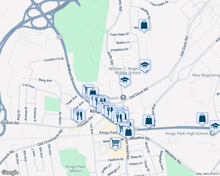 map of restaurants, bars, coffee shops, grocery stores, and more near 130 Church Street in Kings Park