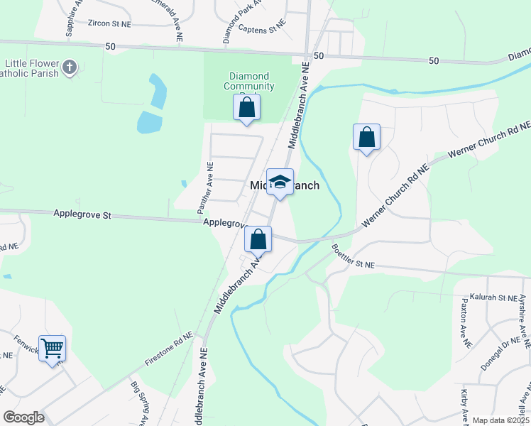 map of restaurants, bars, coffee shops, grocery stores, and more near 7475 Middlebranch Avenue Northeast in Canton