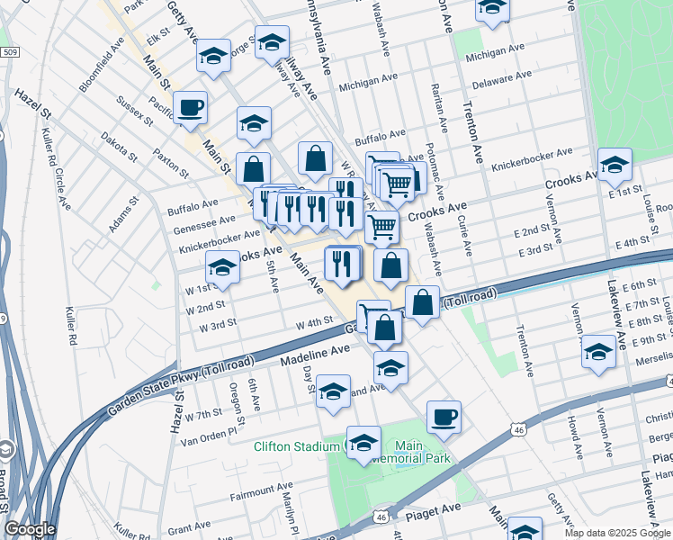 map of restaurants, bars, coffee shops, grocery stores, and more near 79 West 2nd Street in Clifton