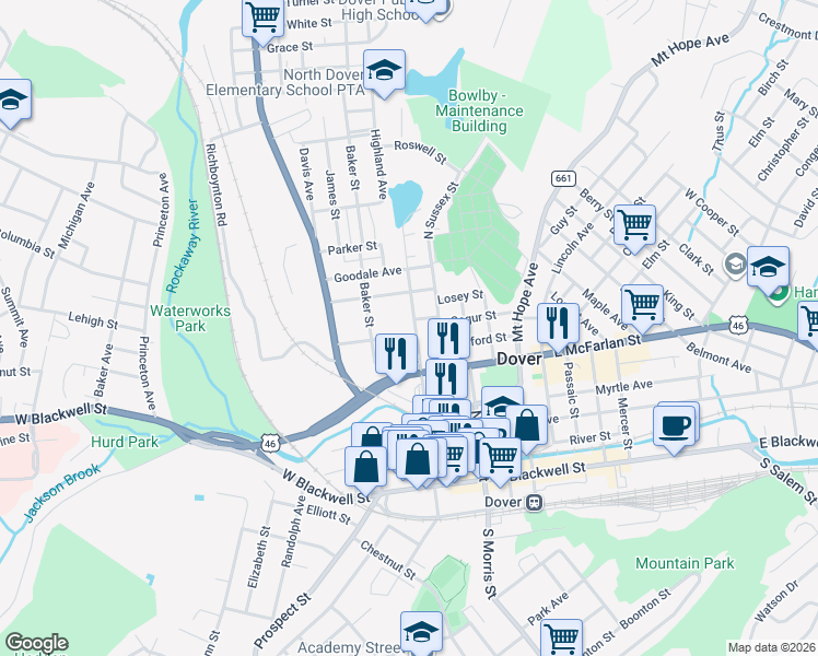 map of restaurants, bars, coffee shops, grocery stores, and more near 113 Pequannock Street in Dover
