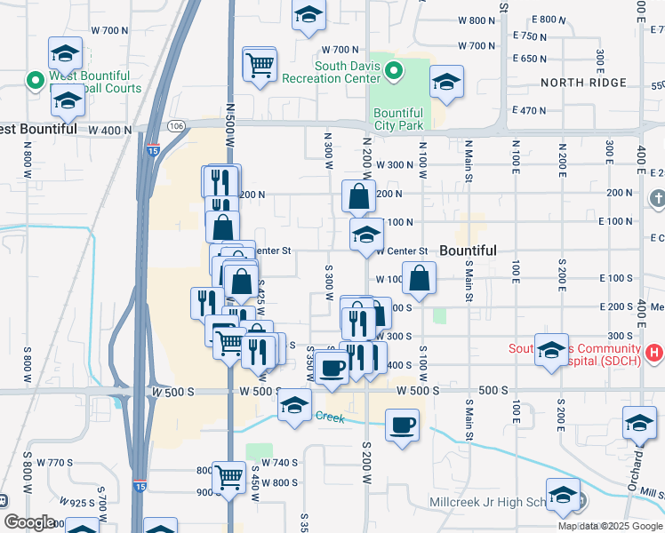 map of restaurants, bars, coffee shops, grocery stores, and more near 62 South 300 West in Bountiful