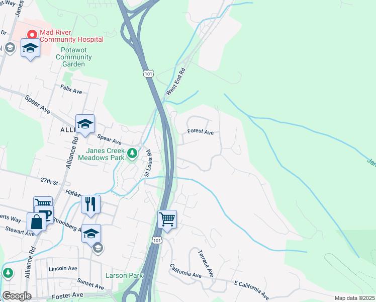 map of restaurants, bars, coffee shops, grocery stores, and more near 605 Diamond Drive in Arcata