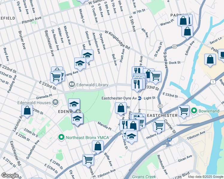 map of restaurants, bars, coffee shops, grocery stores, and more near 3821 Pratt Avenue in Bronx