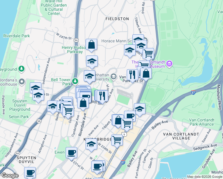 map of restaurants, bars, coffee shops, grocery stores, and more near 3853 Waldo Avenue in Bronx