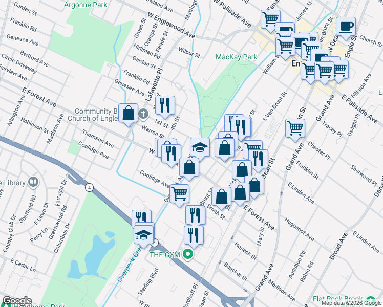 map of restaurants, bars, coffee shops, grocery stores, and more near 113 West Forest Avenue in Englewood