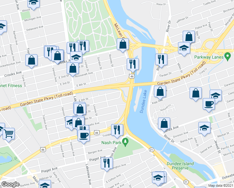 map of restaurants, bars, coffee shops, grocery stores, and more near 14 East 7th Street in Clifton