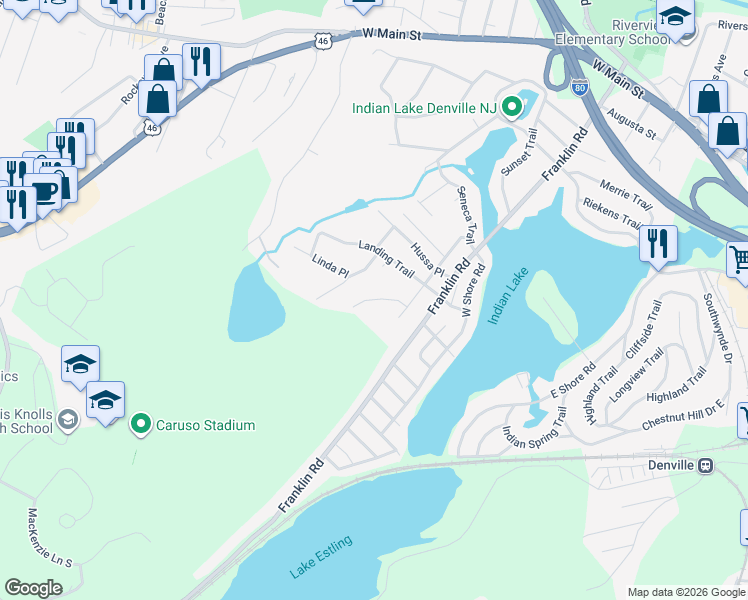 map of restaurants, bars, coffee shops, grocery stores, and more near 15 Mountain Road in Denville