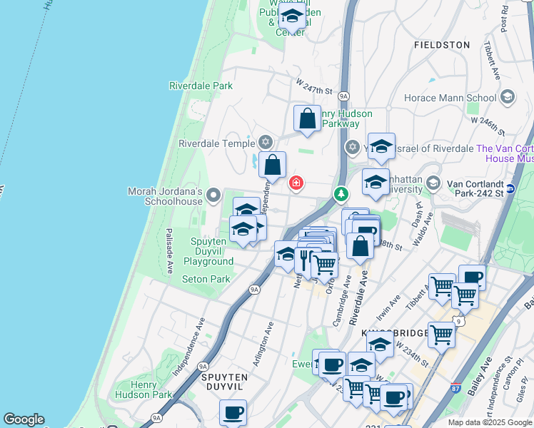 map of restaurants, bars, coffee shops, grocery stores, and more near 3750 Independence Avenue in Bronx