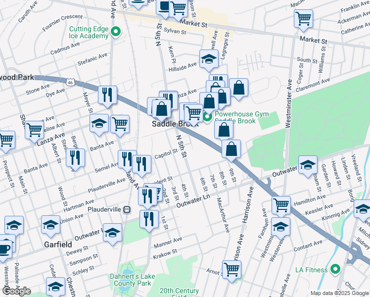 map of restaurants, bars, coffee shops, grocery stores, and more near 260 4th Street in Saddle Brook