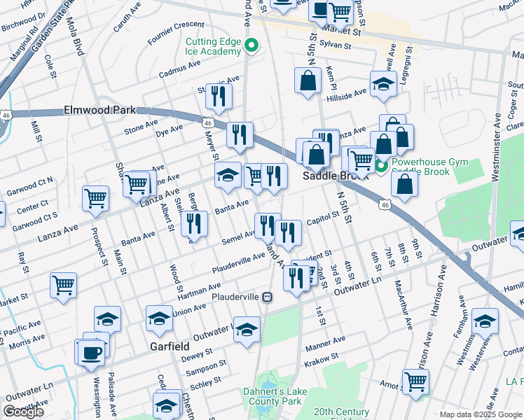 map of restaurants, bars, coffee shops, grocery stores, and more near 224 Midland Avenue in Saddle Brook