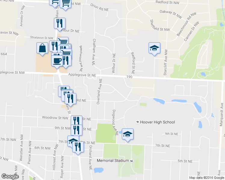 map of restaurants, bars, coffee shops, grocery stores, and more near 355 Castleton Road Northeast in North Canton