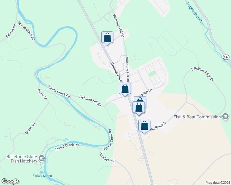 map of restaurants, bars, coffee shops, grocery stores, and more near 147 Fishburn Hill Road in Bellefonte