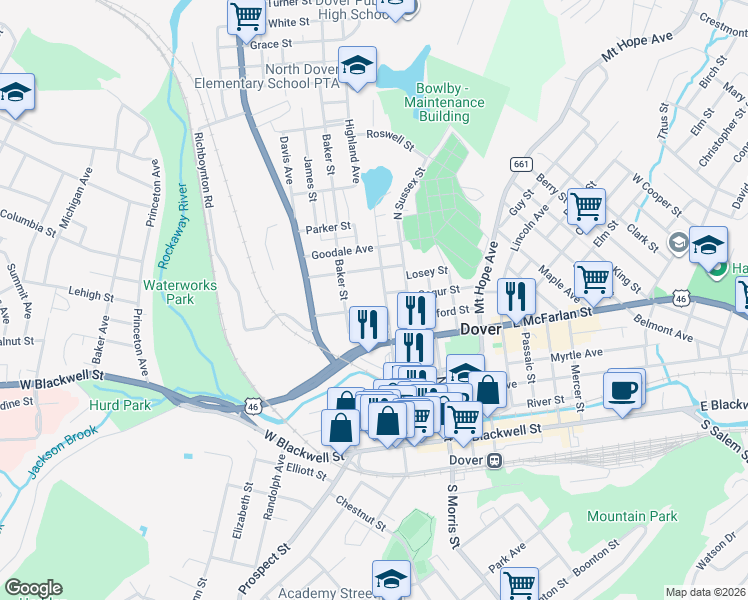 map of restaurants, bars, coffee shops, grocery stores, and more near 113 Pequannock Street in Dover