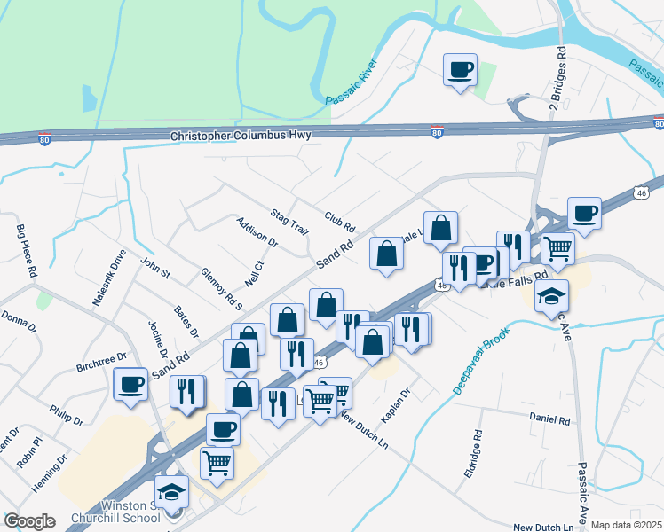 map of restaurants, bars, coffee shops, grocery stores, and more near 106 Sand Road in Fairfield