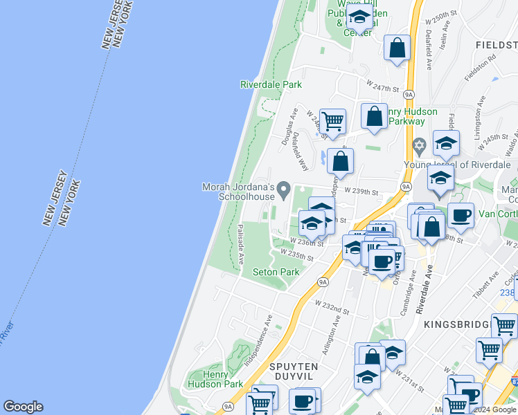 map of restaurants, bars, coffee shops, grocery stores, and more near 4465 Douglas Avenue in Bronx