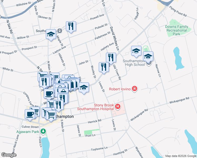 map of restaurants, bars, coffee shops, grocery stores, and more near 179 Hampton Road in Southampton