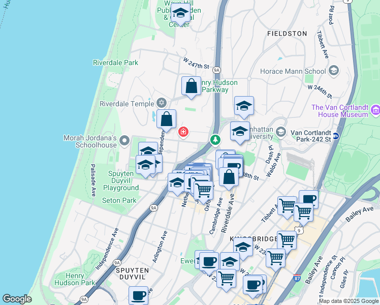 map of restaurants, bars, coffee shops, grocery stores, and more near 3701 Henry Hudson Parkway in Bronx