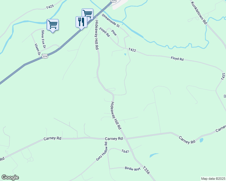 map of restaurants, bars, coffee shops, grocery stores, and more near 1024 Hideaway Hill Road in Kunkletown