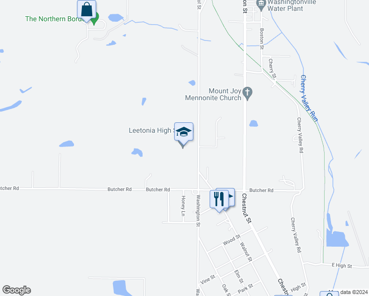 map of restaurants, bars, coffee shops, grocery stores, and more near 450 Walnut Street in Leetonia