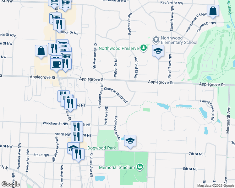 map of restaurants, bars, coffee shops, grocery stores, and more near 369 Chapple Hill Drive Northeast in North Canton
