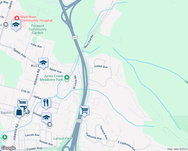 map of restaurants, bars, coffee shops, grocery stores, and more near 605 Diamond Drive in Arcata