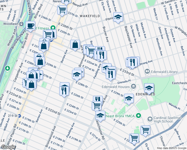 map of restaurants, bars, coffee shops, grocery stores, and more near 4124 Paulding Avenue in Bronx