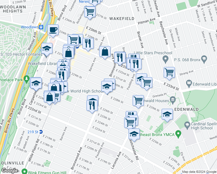 map of restaurants, bars, coffee shops, grocery stores, and more near 919 East 229th Street in Bronx
