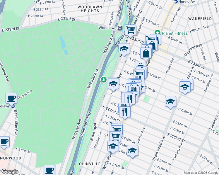 map of restaurants, bars, coffee shops, grocery stores, and more near 3950 Bronx Boulevard in The Bronx