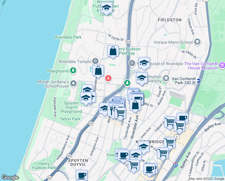 map of restaurants, bars, coffee shops, grocery stores, and more near 3701 Henry Hudson Parkway in The Bronx