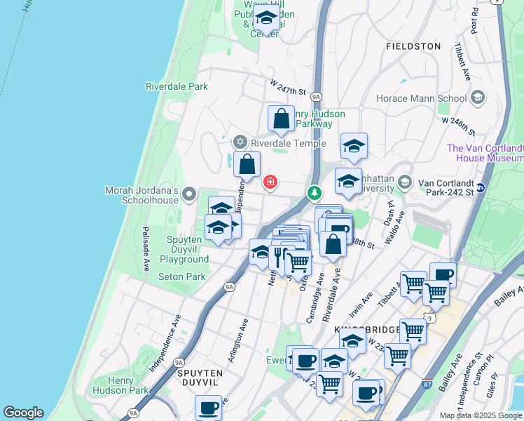 map of restaurants, bars, coffee shops, grocery stores, and more near 3701 Henry Hudson Parkway in Bronx