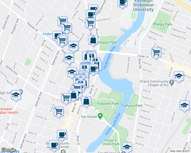 map of restaurants, bars, coffee shops, grocery stores, and more near 340 River Street in Hackensack