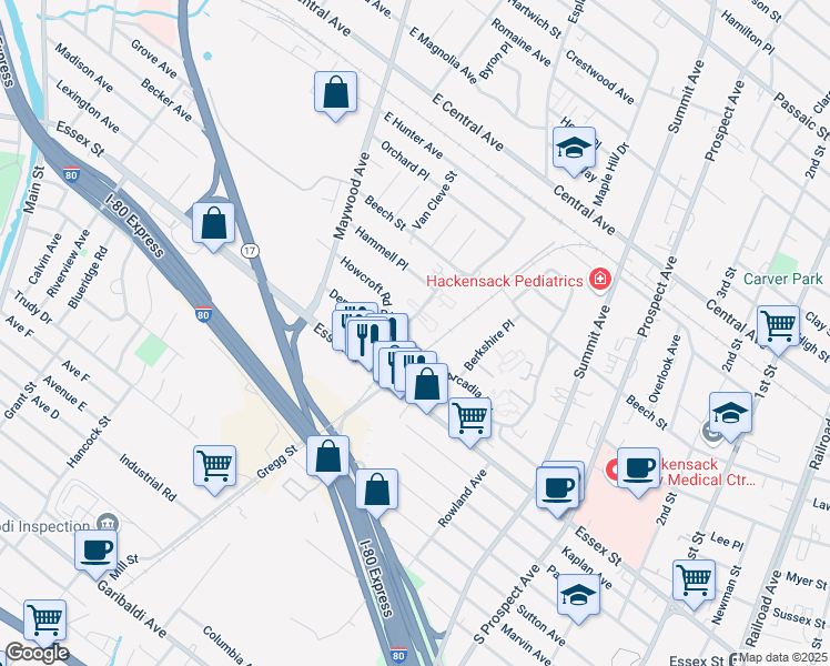 map of restaurants, bars, coffee shops, grocery stores, and more near 1ST 2nd Street in Maywood